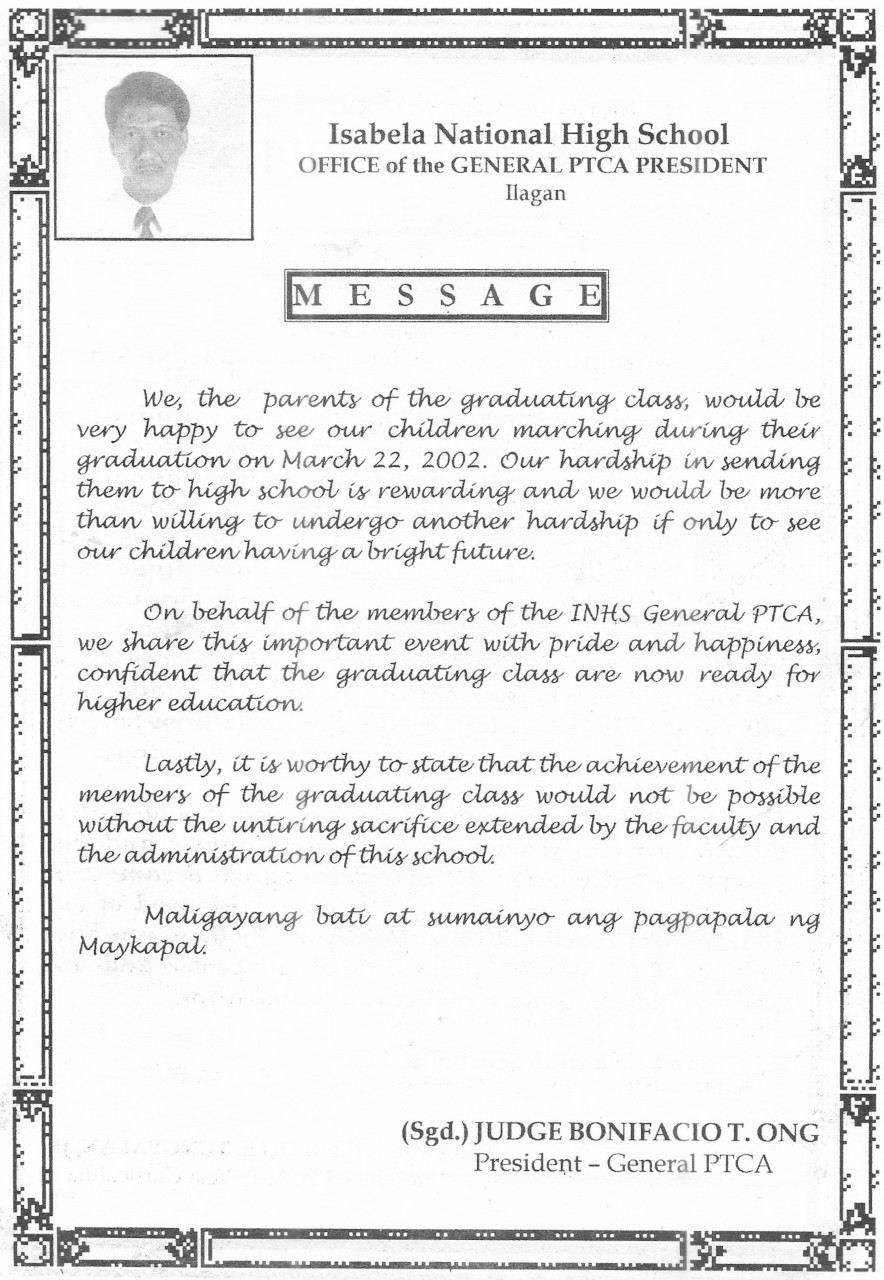 message from bonifacio t. ong