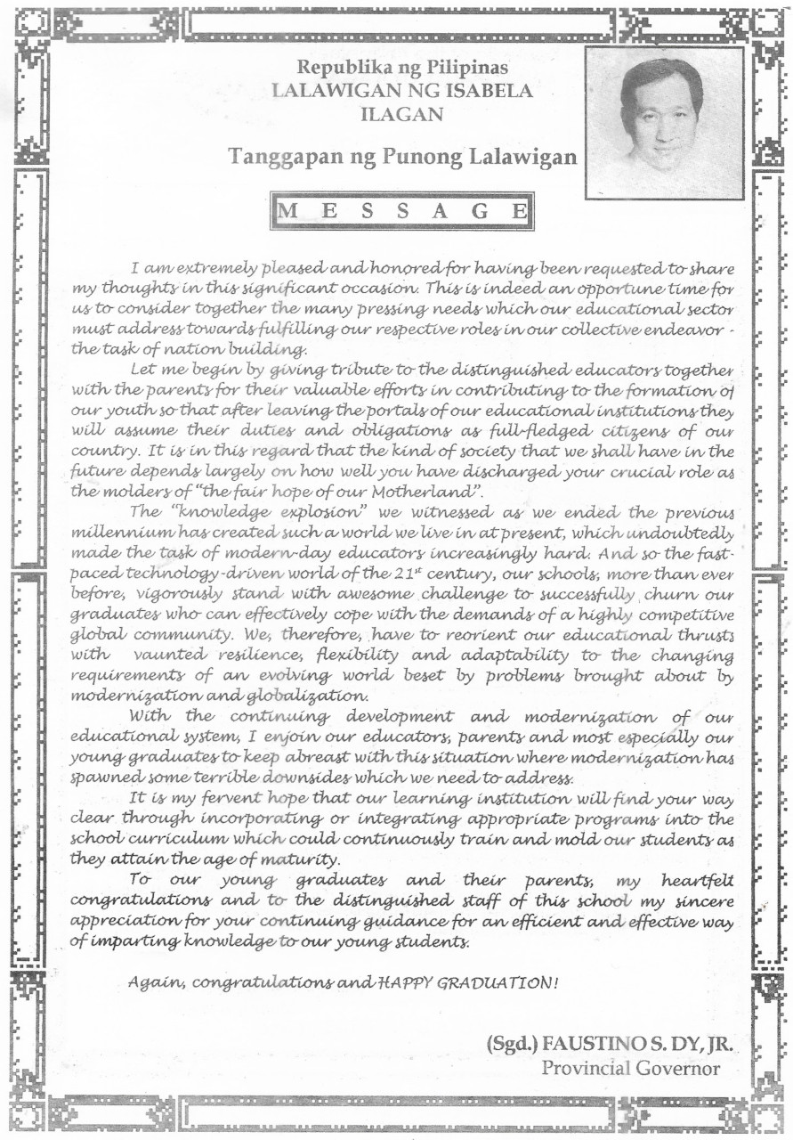 message from faustino s. dy jr.