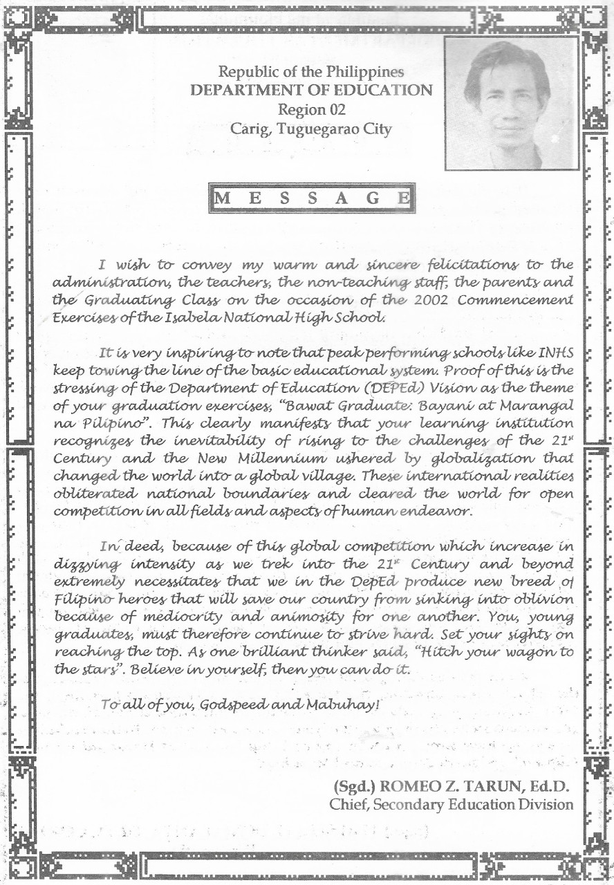 message from romeo z. tarun