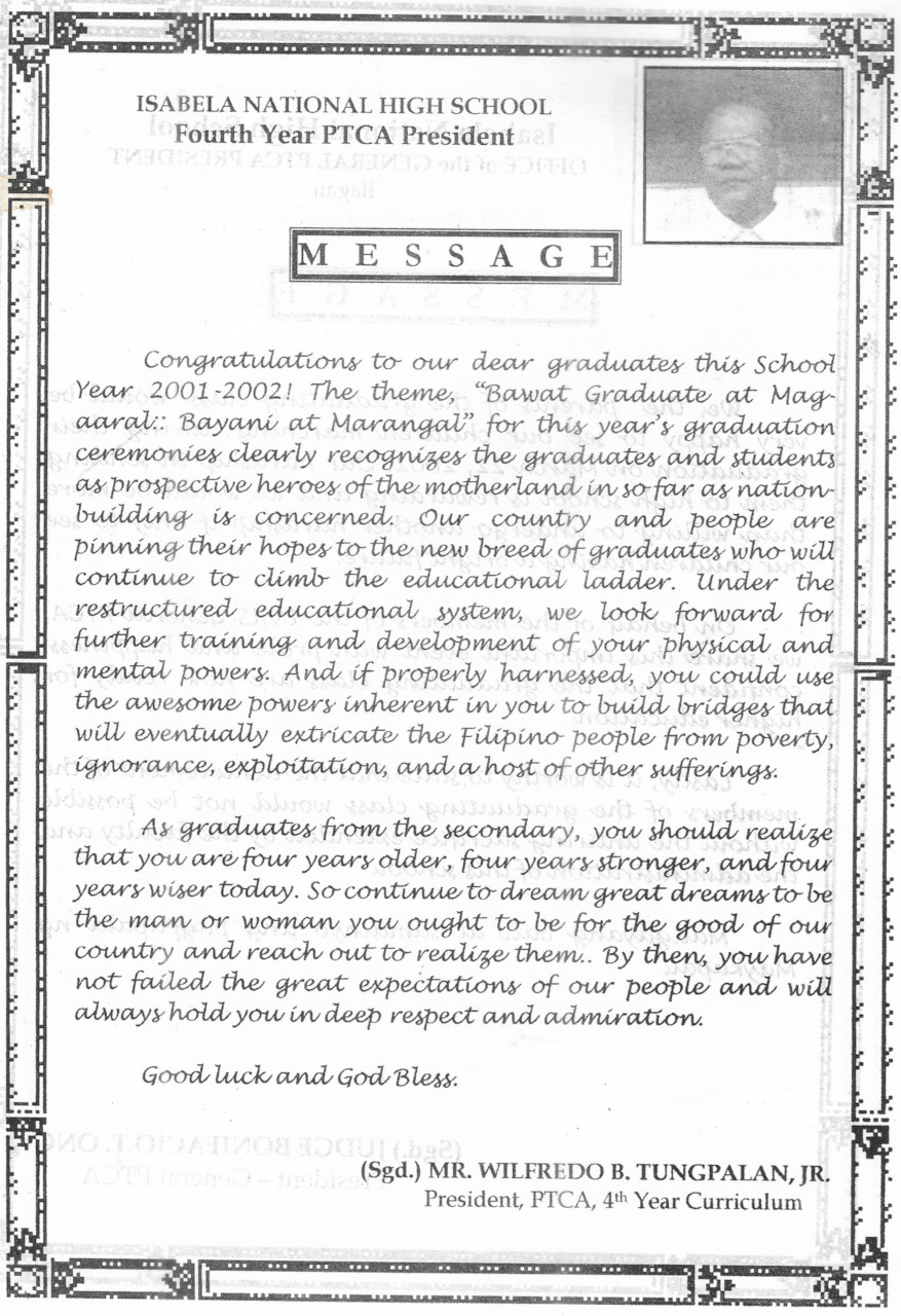 message from wilfredo b. tungpalan jr.